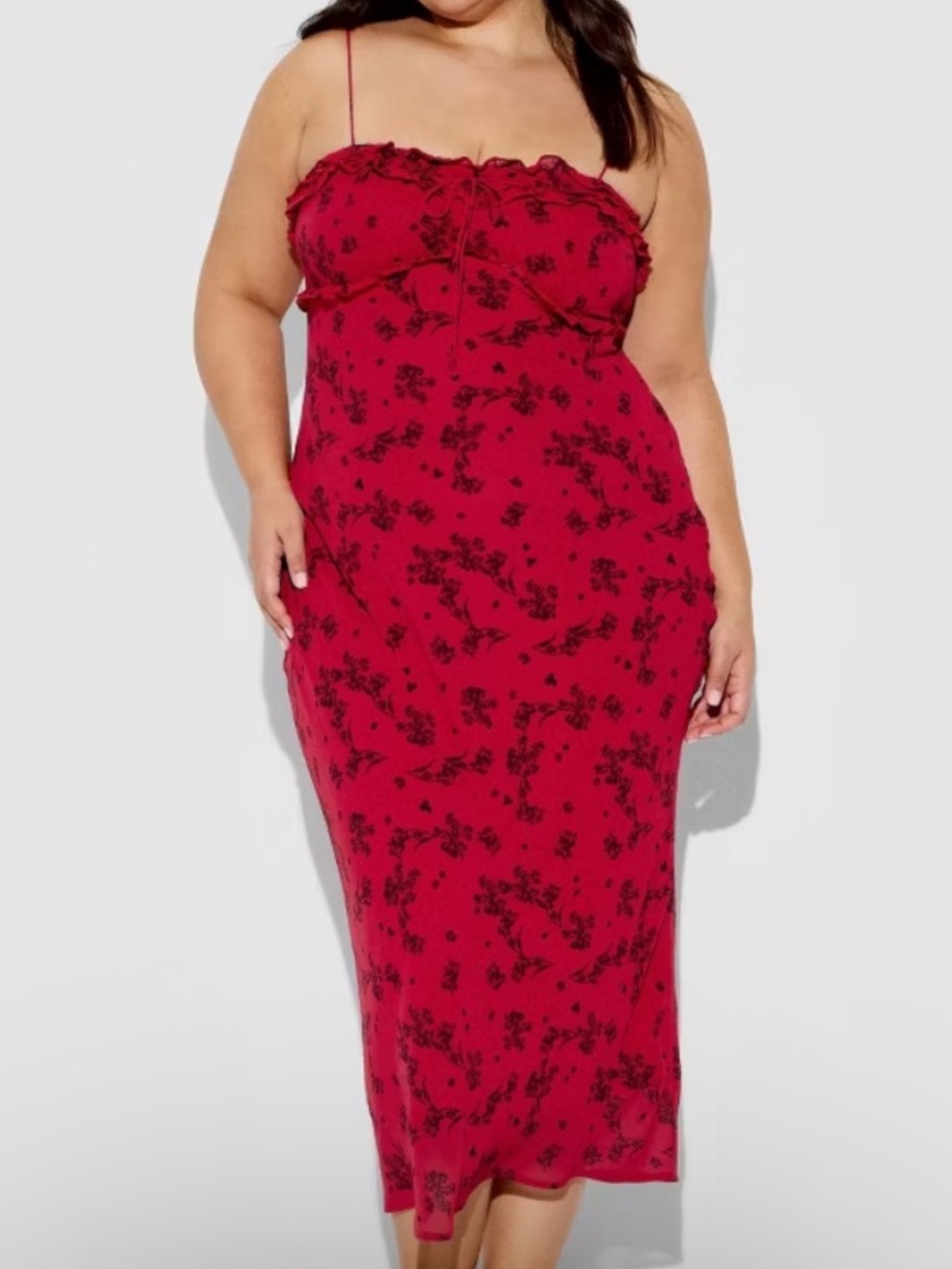 Beautiful Red & Black Floral Midi Slip Dress with Spaghetti Straps